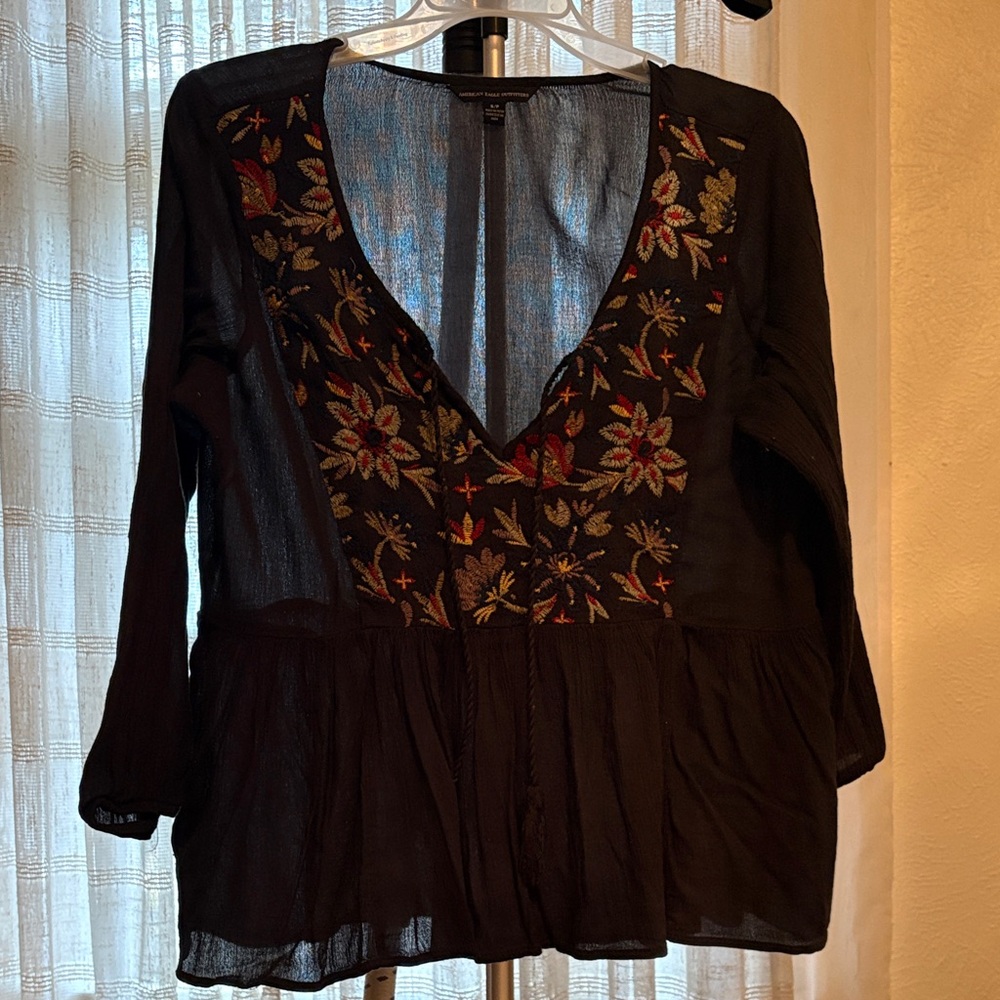 Floral Embroidered Navy Blue Ruffled Top